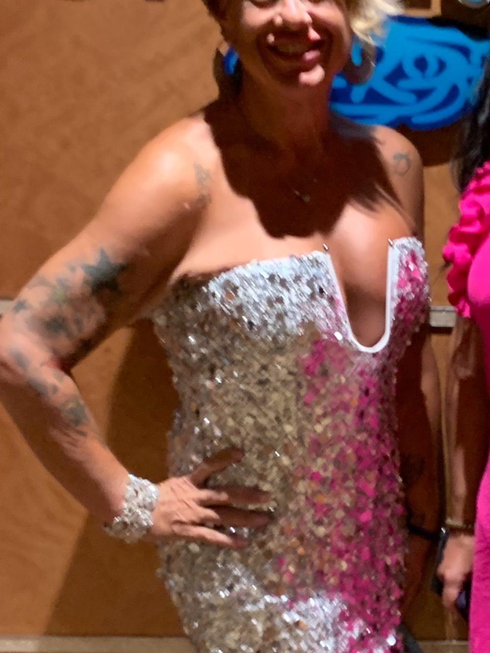 Sequin Strapless V-Plunge Dress in Silver and Pink